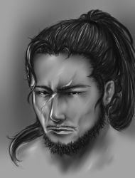 Rule 34 | 1boy, beard, commentary request, djayo, facial hair, greyscale, highres, looking at viewer, male focus, manly, monochrome, mustache, ponytail, realistic, scar, solo