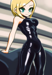 Rule 34 | 1girl, blonde hair, blue eyes, breasts, enkaboots, latex, latex suit, shiny clothes, short hair
