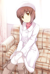 Rule 34 | 1girl, :o, bad id, bad pixiv id, bob cut, boots, brown eyes, brown hair, chair, couch, female focus, fur trim, gloves, hagiwara yukiho, hat, head tilt, idolmaster, idolmaster (classic), knee boots, mittens, onion (lemlaml), open mouth, pantyhose, patterned upholstery, plaid, red shirt, shirt, short hair, sitting, solo, turtleneck