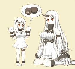 Rule 34 | 10s, 2girls, abyssal ship, ahoge, bad id, bad pixiv id, barefoot, breast padding, breasts, claws, colored skin, detached sleeves, dress, horns, kantai collection, large breasts, long hair, mittens, mozukusa, multiple girls, northern ocean princess, red eyes, revision, ribbed dress, seaport princess, short dress, simple background, single horn, sitting, white hair, white skin