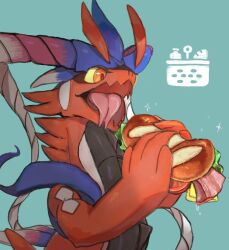 Rule 34 | bacon, blue background, character request, cheese, colored sclera, commentary request, creatures (company), eating, food, forked tongue, game freak, highres, holding, holding food, lettuce, nintendo, no humans, oisisabatugun, open mouth, pokemon, pokemon (creature), red eyes, sandwiched, simple background, solo, sparkle, tomato, tomato slice, tongue, yellow sclera