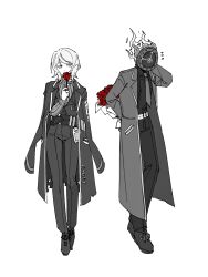 Rule 34 | 1girl, 1other, arm up, belt, bouquet, clock, coat, coat on shoulders, dante (limbus company), faust (project moon), flower, greyscale, highres, holding, holding flower, id card, ivy (675671), limbus company, long sleeves, lunacy (limbus company), monochrome, object head, pants, project moon, red flower, red rose, ribbed sweater, rose, shoes, simple background, sweat, sweater, white background