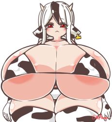 Rule 34 | 1girl, :&lt;, animal ears, areola slip, ayazumi flutter, bikini, black hair, breasts, collarbone, cow ears, cow girl, cow horns, cow print, cow print bikini, cow print gloves, cow print thighhighs, ear tag, female focus, gigantic breasts, horns, long hair, looking at viewer, micro bikini, multicolored hair, original, print bikini, print gloves, print thighhighs, red eyes, shiny skin, skindentation, solo, swimsuit, thick thighs, thighs, two-tone hair, underboob, white background, white hair, wide hips