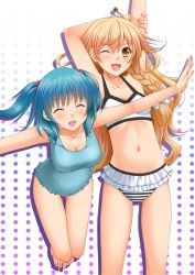 Rule 34 | 2girls, bad id, bad pixiv id, belly, bikini, blonde hair, blue hair, braid, breasts, chiro, fang, female focus, kawashiro nitori, kirisame marisa, large breasts, md5 mismatch, medium breasts, multiple girls, navel, one eye closed, outstretched arms, side braid, smile, swimsuit, touhou, twintails, two side up, wink, yellow eyes