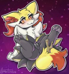 Rule 34 | 1girl, animal ears, anus, ass, braixen, cleft of venus, closed mouth, creatures (company), dated, eyelashes, fox ears, fox tail, furry, furry female, game freak, gen 6 pokemon, grey fur, llamatsul, nintendo, orange eyes, orange fur, pokemon, pokemon (creature), pussy, pussy juice, signature, solo, stick, tail, white fur, yellow fur