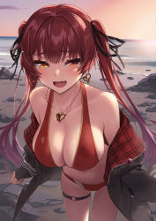 Rule 34 | 1girl, absurdres, bare shoulders, beach, bikini, black jacket, black legwear, black ribbon, breasts, commentary, earrings, eyelashes, fang, hair ribbon, half-closed eyes, heart, heart earrings, heterochromia, highres, hololive, houshou marine, houshou marine (summer), jacket, jewelry, kojy, large breasts, leaning forward, long hair, looking at viewer, navel, o-ring, o-ring thigh strap, ocean, open clothes, open jacket, open mouth, outdoors, plaid, red bikini, red hair, ribbon, skin fang, sleeves past wrists, smile, solo, standing, sunset, swimsuit, thigh strap, thighs, twintails, virtual youtuber, water, yellow eyes