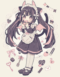 Rule 34 | 1girl, animal ears, apron, black dress, black footwear, black hair, blush, bow, box, brown hair, cake, candy, cat ears, cat girl, cat tail, chocolate, chocolate heart, commentary, covering own mouth, dress, envelope, food, fork, frilled apron, frills, fruit, full body, gift, gift box, heart, heart-shaped box, highres, holding, holding box, horns, kanato345, key, lace, letter, lock, long hair, long sleeves, looking at viewer, love letter, maid, maid apron, maid headdress, mary janes, multicolored hair, open mouth, original, pantyhose, pink eyes, pink hair, pocky, shoes, solo, tail, twintails, valentine, white apron, white pantyhose, wings, yellow background