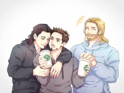 Rule 34 | 3boys, animification, arm around neck, avengers (series), beard, black hair, black hoodie, blonde hair, blue hoodie, brothers, brown eyes, brown hair, chinese commentary, closed eyes, coffee cup, cup, disposable cup, drinking straw, facial hair, fingernails, green eyes, grey hoodie, hand up, hands up, highres, holding, holding cup, hood, hoodie, loki (marvel), long hair, long sleeves, looking at another, looking down, male focus, marvel, marvel cinematic universe, medium hair, multiple boys, open mouth, puffy long sleeves, puffy sleeves, short hair, siblings, simple background, smile, standing, thor (marvel), tony stark, white background, wodeyongheng