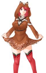 Rule 34 | 1girl, animal ears, animal hood, breasts, closed mouth, collar, curvy, dress, facing viewer, female focus, highres, holding, holding clothes, holding skirt, hood, hoodie, jacket, large breasts, looking at viewer, matching hair/eyes, nintendo, pyra (xenoblade), raccoon costume, raccoon ears, raccoon hood, red eyes, red hair, short hair, skirt, smile, solo, thighhighs, thighs, transparent background, tridisart, xenoblade chronicles (series), xenoblade chronicles 2