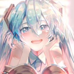 Rule 34 | 1girl, bare shoulders, black sleeves, blue eyes, blue hair, blue necktie, blurry, blurry background, collared shirt, commentary, dated, depth of field, detached sleeves, hatsune miku, highres, long hair, long sleeves, looking at viewer, necktie, open mouth, saihate (d3), shirt, sleeveless, sleeveless shirt, smile, solo, upper body, vocaloid, white shirt, wide sleeves