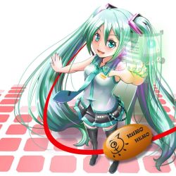 Rule 34 | 1girl, artist name, bad id, bad pixiv id, boots, green eyes, green hair, hatsune miku, headset, kuro-hero, long hair, looking at viewer, matching hair/eyes, nail polish, necktie, pointing, skirt, solo, thigh boots, thighhighs, twintails, very long hair, vocaloid