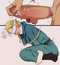 Rule 34 | 1boy, 1girl, blindfold, blush, braid, braided ponytail, censored, clothed sex, clothes, cum, cum in pussy, dungeon meshi, elf, huge penis, japanese text, marcille donato, mosaic censoring, open mouth, penis, pointy ears, ponytail, saliva, sex, simple background, speech bubble, tongue, tongue out, vaginal, white background, white blindfold