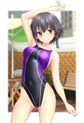 Rule 34 | 1girl, absurdres, beach umbrella, bench, black hair, black one-piece swimsuit, blurry, braid, brown eyes, chair, competition swimsuit, cowboy shot, depth of field, fence, girls und panzer, grin, highres, looking at viewer, one-piece swimsuit, pepperoni (girls und panzer), short hair, side braid, smile, solo, swimsuit, takafumi, two-tone background, umbrella