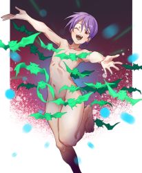 Rule 34 | 1girl, ;d, animal, bat (animal), collarbone, completely nude, flat chest, groin, hair between eyes, highres, leg up, lilith aensland, navel, no wings, nude, one eye closed, open mouth, outside border, outstretched arms, pretty-purin720, purple hair, red background, red eyes, short hair, smile, solo, splendor love, standing, standing on one leg, tagme, teeth, toenails, vampire (game)