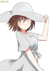 Rule 34 | 1girl, absurdres, brown hair, cowboy shot, furutaka (kancolle), glowing, glowing eye, hat, heterochromia, highres, kantai collection, official alternate costume, one-hour drawing challenge, robinson (day l full), short hair, simple background, solo, sun hat, white background, white hat, yellow eyes