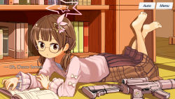 Rule 34 | 1girl, assault rifle, barefoot, book, bookshelf, brown eyes, brown hair, commentary, english commentary, feet up, flat chest, glasses, gun, hair ornament, halo, highres, hololive, long skirt, low twintails, lying, on stomach, rifle, sixten, skirt, solo, star (symbol), star hair ornament, star halo, the pose, tokino sora, tokino sora (casual), twintails, virtual youtuber, weapon