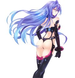 Rule 34 | 10s, 1girl, :3, ass, bare shoulders, blue hair, bodysuit, breasts, cleavage, dominatrix, elbow gloves, gloves, gradient hair, highres, iris heart, large breasts, leotard, long hair, looking at viewer, looking back, multicolored hair, neptune (series), official art, purple eyes, pururut, red eyes, solo, symbol-shaped pupils, thighhighs, thong, transparent background, tsunako, very long hair