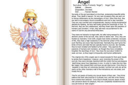 Rule 34 | 1girl, angel, angel (monster girl encyclopedia), angel wings, blonde hair, blue eyes, blush, character profile, english text, halo, hard-translated, kenkou cross, low wings, monster girl, monster girl encyclopedia, official art, petite, ribbon, short hair, smile, solo, third-party edit, translated, wings