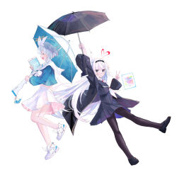 Rule 34 | &gt; &lt;, 2girls, arm up, arona (blue archive), black pantyhose, black thighhighs, blue archive, blue hair, envelope, forest 0, full body, halo, headband, heart, heart halo, highres, holding, holding envelope, long hair, looking at viewer, medium hair, multiple girls, pantyhose, plana (blue archive), school uniform, simple background, smile, thighhighs, umbrella, v, white background, white hair