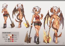 Rule 34 | 1girl, ass, axe, barefoot, battle axe, belt, belt buckle, body freckles, body markings, boots, breasts, buckle, character sheet, chest belt, claws, color chart, commentary, commission, completely nude, corset, demon form, demon girl, demon horns, demon tail, demon wings, english commentary, feet, fiera (chirutai), fingerless gloves, fire, flaming weapon, freckles, front and back, gem, gloves, glowing, glowing eyes, holding, holding axe, horns, jewelry, maxa&#039;, midriff, multicolored hair, multiple belts, necklace, nude, orange hair, original, red corset, red gemstone, sharp teeth, shiny skin, short shorts, shorts, single fingerless glove, single glove, small breasts, streaked hair, tail, teeth, weapon, white hair, wings
