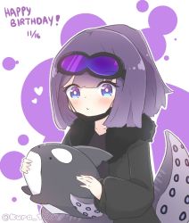 Rule 34 | 1girl, andreana (arknights), arknights, black jacket, black shirt, blush, closed mouth, collarbone, commentary, dated, fur-trimmed jacket, fur trim, goggles, goggles on head, happy birthday, holding, holding stuffed toy, jacket, kurotofu, long sleeves, looking at viewer, mask, mask pull, mouth mask, open clothes, open jacket, ponytail, puffy long sleeves, puffy sleeves, purple background, purple eyes, purple hair, shirt, solo, stuffed animal, stuffed orca, stuffed toy, tentacles, two-tone background, upper body, white background