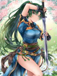 Rule 34 | 1girl, black gloves, blue dress, breasts, closed mouth, day, dress, earrings, fingerless gloves, fire emblem, fire emblem: the blazing blade, floating hair, flower, gloves, green eyes, green hair, highres, holding, holding sword, holding weapon, jewelry, katana, kei (asufend), long hair, looking at viewer, lyn (fire emblem), medium breasts, nintendo, outdoors, petals, pink petals, ponytail, short sleeves, side slit, smile, solo, standing, sword, very long hair, weapon, white flower
