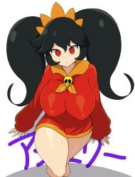 Rule 34 | 1girl, ashley (warioware), black hair, breasts, character name, closed mouth, covered erect nipples, dress, empty eyes, head tilt, highres, impossible clothes, large breasts, long hair, long sleeves, looking at viewer, nintendo, no pupils, orange headwear, orange neckwear, puffy nipples, red eyes, simple background, sinensian, skull ornament, sleeves past wrists, solo, staring, thick thighs, thighs, twintails, walking, warioware, white background