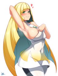Rule 34 | 1girl, alternate breast size, armpits, artist name, bare shoulders, blonde hair, blush, breasts, closed mouth, clothes pull, covered navel, creatures (company), dress, dress pull, game freak, green eyes, hair over one eye, highres, jewelry, jmg, large breasts, long hair, looking at viewer, lusamine (pokemon), mature female, nintendo, no bra, pokemon, pokemon sm, self exposure, sideboob, simple background, sleeveless, sleeveless dress, smile, solo, steam, very long hair, white background, white dress