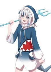 Rule 34 | 1girl, absurdres, animal costume, blue hair, blue hoodie, fins, fish tail, flat chest, gawr gura, gawr gura (1st costume), highres, holding, holding weapon, hololive, hololive english, hood, hoodie, looking at viewer, multicolored hair, polearm, shark costume, shark print, shark tail, sharp teeth, simple background, smile, solo, tail, teeth, trident, valefal coneri, virtual youtuber, weapon, white background, white hair