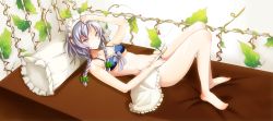 Rule 34 | 1girl, adapted costume, bed, berry, bra, braid, breasts, cheshuilishang, female focus, izayoi sakuya, leaf, lingerie, lying, maid, maid headdress, medium breasts, pillow, plant, silver hair, solo, touhou, twin braids, underwear, undressing, vines