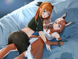 Rule 34 | 2girls, absurdres, animal ears, bare shoulders, blue eyes, bow, bowtie, caracal (kemono friends), cat ears, cat girl, elbow gloves, extra ears, gloves, highres, indie virtual youtuber, irodori mayoi, kemono friends, kemono friends v project, long hair, looking at viewer, multiple girls, on bed, orange hair, ribbon, satomeme, shirt, shorts, skirt, sleeveless, sleeveless shirt, thighhighs, virtual youtuber