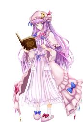 Rule 34 | absurdres, blue bow, blunt bangs, book, bow, bowtie, bun cover, crescent, crescent hat ornament, double bun, dress, glasses, hair bow, hair bun, hat, hat bow, hat ornament, highres, holding, holding book, long hair, long sleeves, looking at viewer, mob cap, open book, patchouli knowledge, pink bow, pink bowtie, purple dress, purple eyes, purple hair, purple hat, red bow, slippers, socks, standing, striped clothes, striped dress, tachi-e, tk31, touhou, transparent background, vertical-striped clothes, vertical-striped dress, very long hair, white socks, wide sleeves
