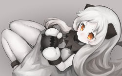 Rule 34 | 10s, 1girl, abyssal ship, commentary request, enemy aircraft (kancolle), eyebrows, from above, grey background, hachachi, highres, horns, kantai collection, knees together feet apart, legs together, long hair, looking at viewer, mittens, northern ocean princess, pale skin, simple background, solo, thick eyebrows, white hair, yellow eyes
