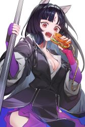 Rule 34 | 1girl, absurdres, animal ears, arknights, asymmetrical gloves, black hair, black kimono, breasts, cleavage, dog ears, dra (dhra a), eating, elbow gloves, facial mark, fangs, female focus, fingerless gloves, food, forehead mark, gloves, highres, hip vent, holding, holding food, holding staff, japanese clothes, kimono, long hair, long sleeves, looking at viewer, medium breasts, mismatched gloves, open mouth, parted bangs, pink gloves, purple gloves, purple kimono, red eyes, saga (arknights), sandwich, sitting, solo, staff, v-shaped eyebrows, very long hair, wide sleeves