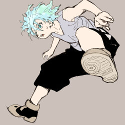 Rule 34 | 1boy, arms at sides, bent over, black footwear, black shorts, blue eyes, blue hair, brown background, brown footwear, dilated pupils, foreshortening, from below, full body, hunter x hunter, invisible floor, killua zoldyck, legs apart, looking ahead, male focus, messy hair, mito tomiko, nen (hunter x hunter), official alternate hair color, open mouth, perspective, scared, shirt, shoe soles, short hair, shorts, simple background, sleeveless, sleeveless shirt, solo, standing, sweatdrop, teeth, three quarter view, two-tone footwear, upper teeth only