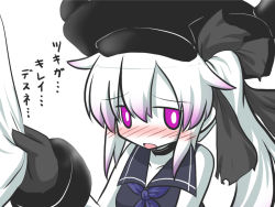 Rule 34 | 10s, 1girl, abyssal ship, black serafuku, blush, check commentary, collar, commentary request, destroyer princess, embarrassed, gloves, goma (gomasamune), hair ribbon, hat, kantai collection, neckerchief, pale skin, purple eyes, purple neckerchief, ribbon, sailor collar, school uniform, serafuku, shirt tug, side ponytail, simple background, sketch, solo focus, translation request, white background, white hair
