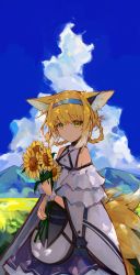Rule 34 | 1girl, absurdres, animal ears, arknights, blonde hair, blue hairband, blue sky, bouquet, braid, clothing cutout, cloud, cloudy sky, cowboy shot, day, dress, earpiece, extra ears, flower, fox ears, fox girl, fox tail, green eyes, hairband, highres, holding, holding bouquet, kitsune, lch, long hair, looking at viewer, md5 mismatch, mountainous horizon, multiple tails, outdoors, purple dress, resolution mismatch, revision, shoulder cutout, single wrist cuff, sky, smile, solo, source larger, sunflower, suzuran (arknights), tail, two-tone dress, white dress, white wrist cuffs, wrist cuffs, yellow flower
