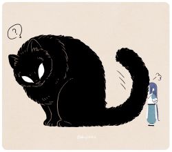 Rule 34 | 1boy, ?, animal, arms behind back, bbvip neko, black cat, blue hair, cat, long hair, luo xiaohei, oversized animal, simple background, spoken question mark, standing, tan background, luo xiaohei zhanji, twitter username, very long hair, wide shot, wuxian (the legend of luoxiaohei)