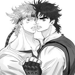 Rule 34 | 2boys, absurdres, acea n, angry, bad id, bad twitter id, battle tendency, caesar anthonio zeppeli, cheek press, clenched teeth, derivative work, face-to-face, facial mark, feather hair ornament, feathers, fingerless gloves, gloves, greyscale, hair ornament, headband, highres, jojo no kimyou na bouken, joseph joestar, joseph joestar (young), male focus, comic panel redraw, monochrome, multiple boys, sweater vest, teeth