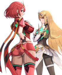 Rule 34 | 2girls, ahoge, ass, bare shoulders, blonde hair, blush, bodysuit, breasts, butt crack, circlet, fingerless gloves, from behind, gloves, gonzarez, highres, large breasts, long hair, looking at viewer, looking back, multiple girls, mythra (massive melee) (xenoblade), mythra (xenoblade), nintendo, open mouth, panties, pantyhose, pantyshot, pyra (xenoblade), red eyes, red hair, red shorts, scarf, shiny skin, short hair, short shorts, shorts, sideboob, skirt, super smash bros., thighhighs, underwear, very long hair, xenoblade chronicles (series), xenoblade chronicles 2