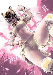 Rule 34 | 10s, abs, armband, bare shoulders, boots, brown eyes, brown hair, commentary request, elbow pads, knee pads, mask, midriff, one eye closed, solo, spring tiger, tadano akane, takaoka haruna, tiger mask w, wrestling outfit, wristband