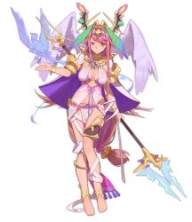Rule 34 | 1girl, anklet, ark order, bandaged leg, bandages, barefoot, bird, bra, bracelet, breasts, breasts apart, cape, center opening, closed mouth, dress, fire, full body, hairband, head wings, holding, holding polearm, holding weapon, jewelry, large breasts, long hair, looking at viewer, low-tied long hair, necklace, official art, pelvic curtain, pink hair, polearm, purple bra, qa&#039;a (ark order), red cucumber, sidelocks, sleeveless, sleeveless dress, smile, solo, tachi-e, thighlet, transparent background, underwear, variant set, very long hair, weapon, white cape, white dress, white wings, wings