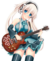 Rule 34 | 1girl, blue eyes, cosplay, detached sleeves, electric guitar, guitar, hair ribbon, hatsune miku, hatsune miku (cosplay), head tilt, headphones, highres, instrument, long hair, mabinogi, md5 mismatch, nao (mabinogi), nitroplus, panties, pantyshot, resolution mismatch, ribbon, silver hair, simple background, solo, source request, source smaller, super sonico, thighhighs, twintails, umitsubame, underwear, vocaloid, yamaha