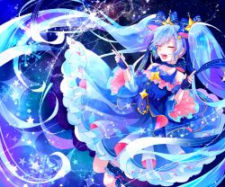 Rule 34 | 1girl, :d, black gloves, blue bow, blue hair, blue shirt, blue skirt, blue sleeves, bow, choker, closed eyes, detached sleeves, fingerless gloves, floating hair, gloves, hair bow, hatsune miku, highres, holding, holding wand, layered skirt, long hair, long skirt, long sleeves, open mouth, ribbon choker, shirayuki towa, shirt, skirt, sleeveless, sleeveless shirt, smile, snowflakes, solo, striped, striped bow, twintails, very long hair, vocaloid, wand, wide sleeves