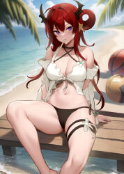 Rule 34 | 1girl, absurdres, arknights, ball, bare shoulders, basketball (object), beach, bikini, black bikini, breasts, cleavage, closed mouth, collarbone, commentary request, feet out of frame, hair between eyes, hair intakes, hair ornament, hair rings, highres, horizon, horns, long hair, looking at viewer, medium breasts, mouth hold, navel, ocean, purple eyes, red hair, sand, sitting, solo, star (symbol), star hair ornament, surtr (arknights), surtr (colorful wonderland) (arknights), swimsuit, tenjinmeshi, very long hair, water