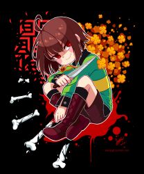 Rule 34 | ahoge, androgynous, black background, blush stickers, bone, boots, broken bone, brown hair, chara (undertale), collared shirt, dated, evil smile, flower, full body, gender request, glint, heart, heart necklace, highres, holding, holding knife, jewelry, kneehighs, knife, necklace, red eyes, sandragh, shaded face, shirt, shorts, signature, smile, socks, solo, spoilers, striped clothes, striped sweater, sweater, undertale, watermark, web address