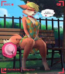 Rule 34 | 1girl, :3, animal crossing, animal ear fluff, animal ears, animal feet, animal nose, aqua shirt, aqua skirt, artist name, audie (animal crossing), bare shoulders, barefoot, battery indicator, bench, between legs, blonde hair, blue sky, blush, body fur, breasts, breath, bush, cleavage, closed eyes, cloud, collar, collarbone, controller, covered erect nipples, day, ears down, english text, exhibitionism, eyeshadow, fangs, female ejaculation, female focus, female masturbation, female orgasm, fence, full body, furry, furry female, grass, hand between legs, heart, highres, legs, makeup, masturbation, medium breasts, miniskirt, nintendo, no bra, no panties, on bench, open mouth, orange fur, orgasm, outdoors, own hands together, patreon logo, patreon username, pineapple print, public indecency, pussy juice, recording, remote control, remote control vibrator, sex toy, shirt, short hair, sitting, skirt, sky, sleeveless, sleeveless shirt, snout, solo, speech bubble, spoken heart, tail, talking, teeth, tree, trembling, two-tone fur, v arms, vibrator, viewfinder, watermark, whisperfoot, white fur, wolf ears, wolf girl, wolf tail, yellow eyeshadow