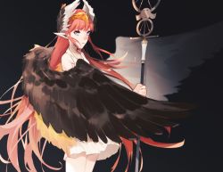 Rule 34 | 1girl, aonogura, blue eyes, brown wings, circe (fate), cowboy shot, dress, fate/grand order, fate (series), feathered wings, head wings, highres, long hair, pink hair, pointy ears, solo, staff, standing, white dress, wings