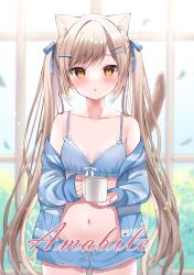Rule 34 | 1girl, animal ears, bare shoulders, blue pajamas, blue ribbon, blush, bra, breasts, cat ears, cup, eyebrows hidden by hair, hair ornament, hair ribbon, hairclip, hamico, highres, holding, holding cup, light brown hair, long hair, long sleeves, looking at viewer, navel, original, pajamas, ribbon, shorts, sleeves past wrists, small breasts, standing, tail, twintails, underwear, upper body, yellow eyes