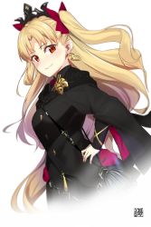 Rule 34 | 1girl, black dress, black nails, blonde hair, blush, commentary request, cropped torso, dress, earrings, ereshkigal (fate), ereshkigal (third ascension) (fate), fate/grand order, fate (series), goemon1110, hair ribbon, hands on own hips, highres, infinity symbol, jewelry, long hair, looking at viewer, nail polish, parted bangs, red eyes, red ribbon, ribbon, simple background, skull, smile, solo, tiara, tohsaka rin, two side up, white background